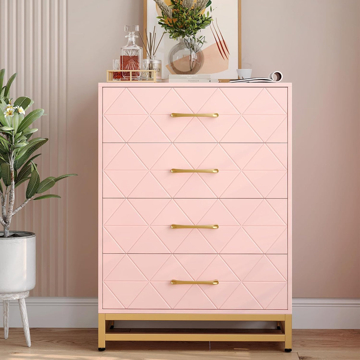 TrailBlaze 4 Drawer Dresser for Bedroom, Wooden Chest of Drawers, Modern Storage Tower with Metal Handles and Legs, Storage Organizer Unit with Anti-Tipping Device for Bedroom, Living Room, Pink TrailBlaze