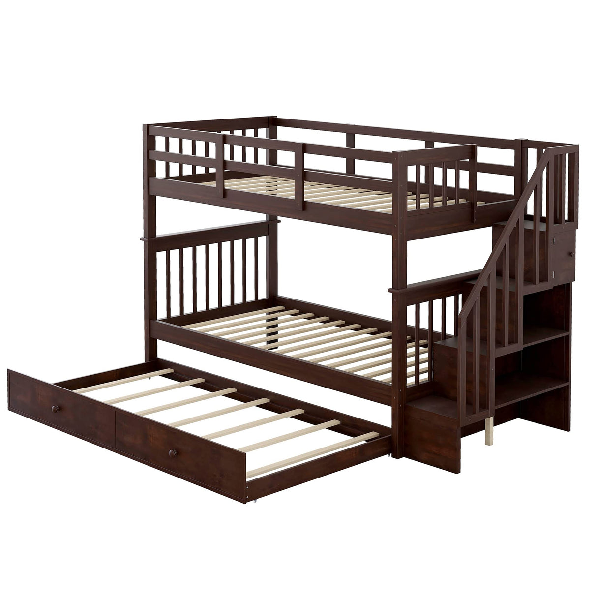 Harper & Bright Designs Twin Over Twin Bunk Bed with Trundle Bed and Storage Shelf, Kids Twin Size Bunk Bed with Stairs & Guard Rail, Wood Bunk Bed Frame for Kids, Teens, Adults,Espresso Harper & Bright Designs