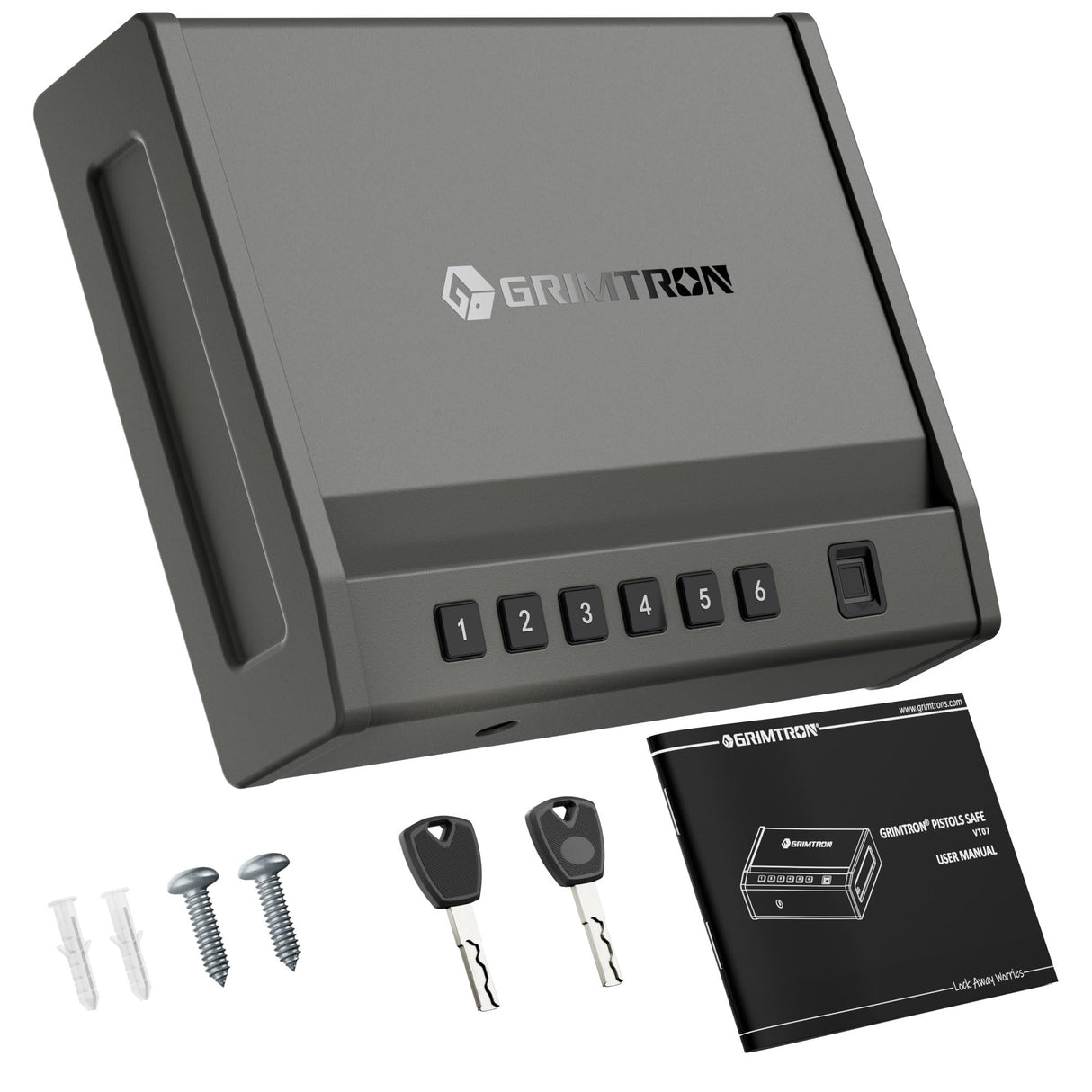 Grimtron Biometric Gun Safe for Handgun โ Quick Access Pistol Safe with 100 Fingerprints, Backlit Keypad & Backup Keys โ Gun Lock Box for Nightstand, Bedside, Car, Truck & Vehicle Use Grimtron