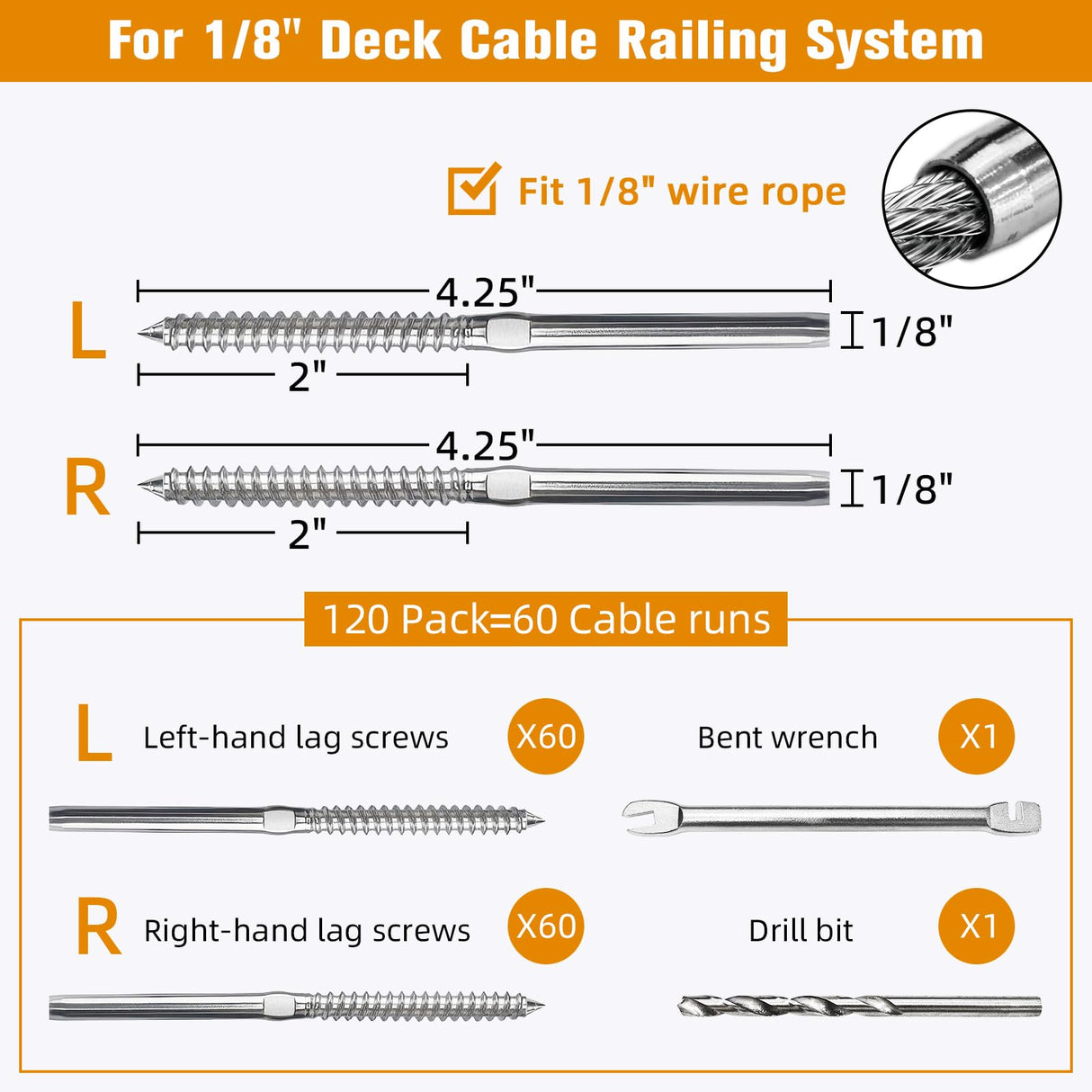 Swage Lag Screws for Cable Railing - 120 Pack T316 Stainless Steel Left and Right Handed Thread - 1/8" Cable Railing Hardware Kit for Deck Stair Wood Post Railing System CELYND