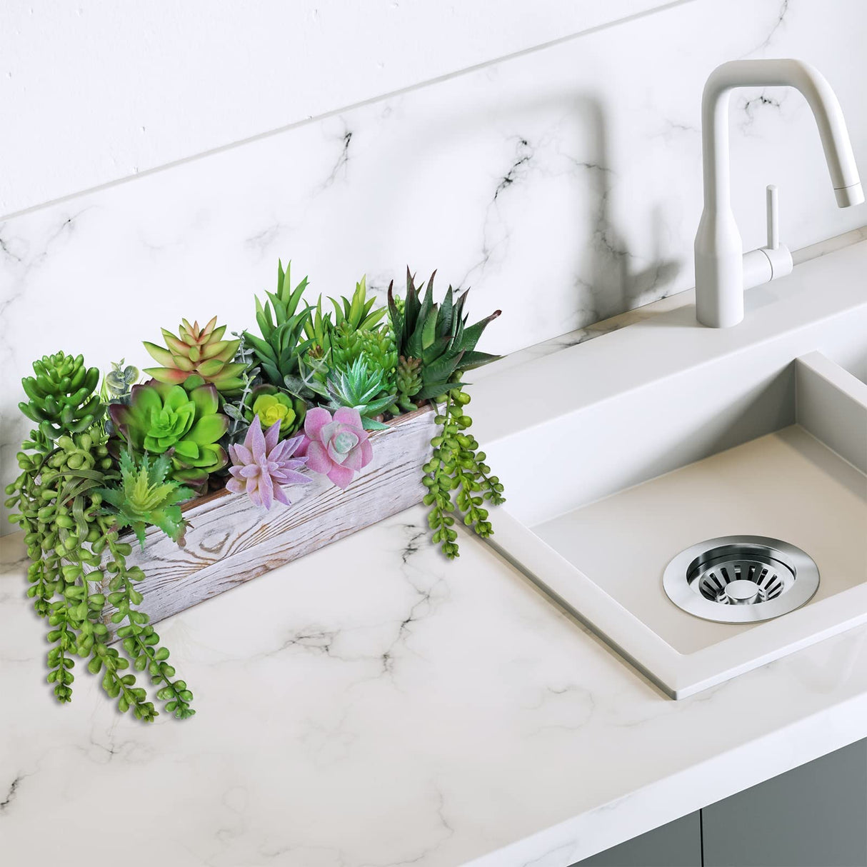 19 Pcs Assorted Artificial Succulents Fake Plants in Rectangular Wooden Pot Succulents Garden in Wood Planter Box Potted Succulents Plants Arrangement for Table Centerpiece Windowsill Greenery Decor Winlyn