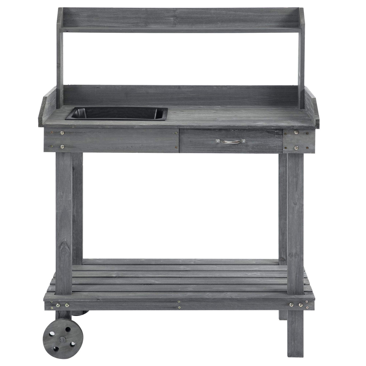Outsunny 36'' Wooden Potting Bench Work Table with 2 Removable Wheels, Sink, Drawer & Large Storage Spaces, Gray Outsunny