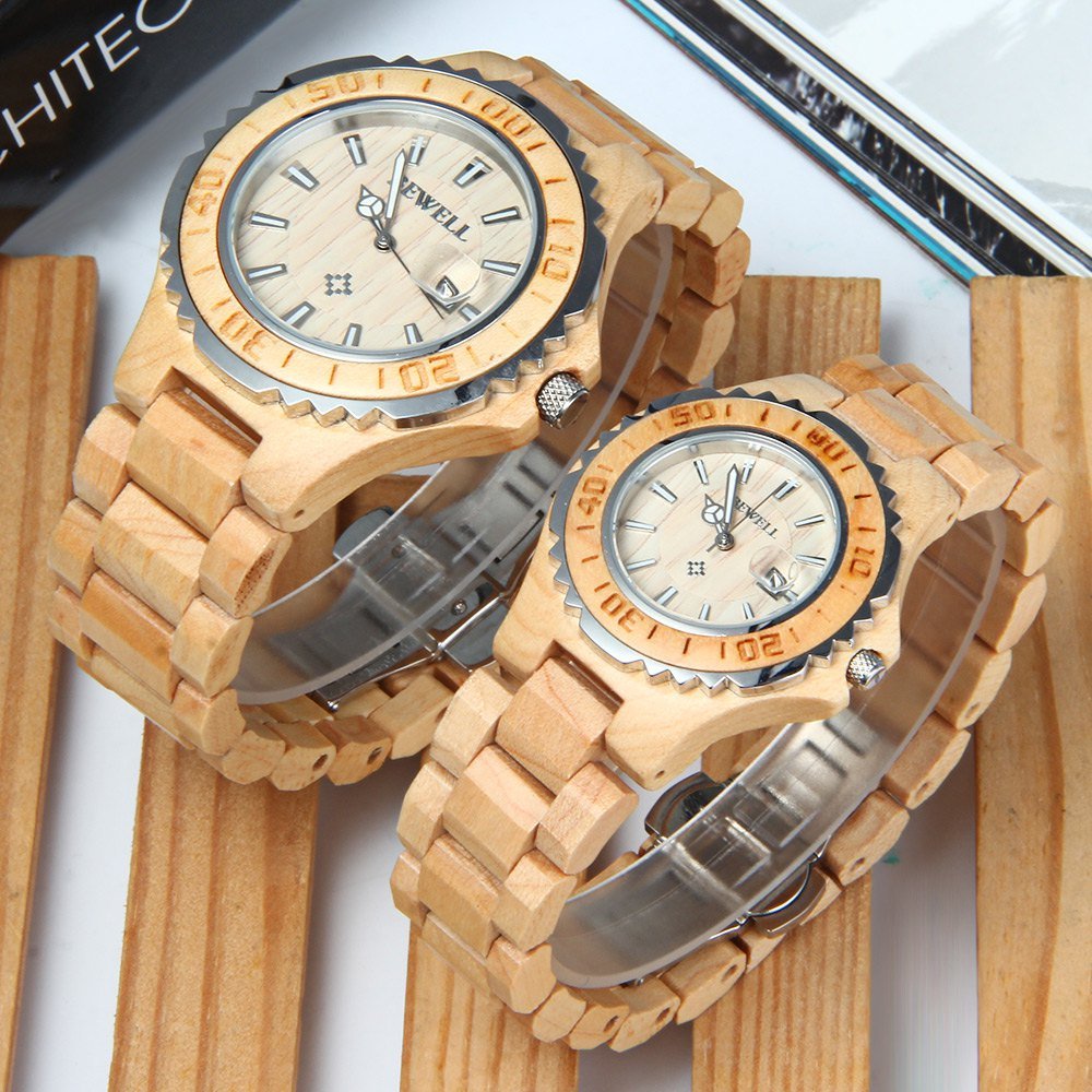 BEWELL ZS-100B Couple Watch Quartz Movement Wooden Watches His and Hers Handmade Lightweight Date Wristwatches BEWELL