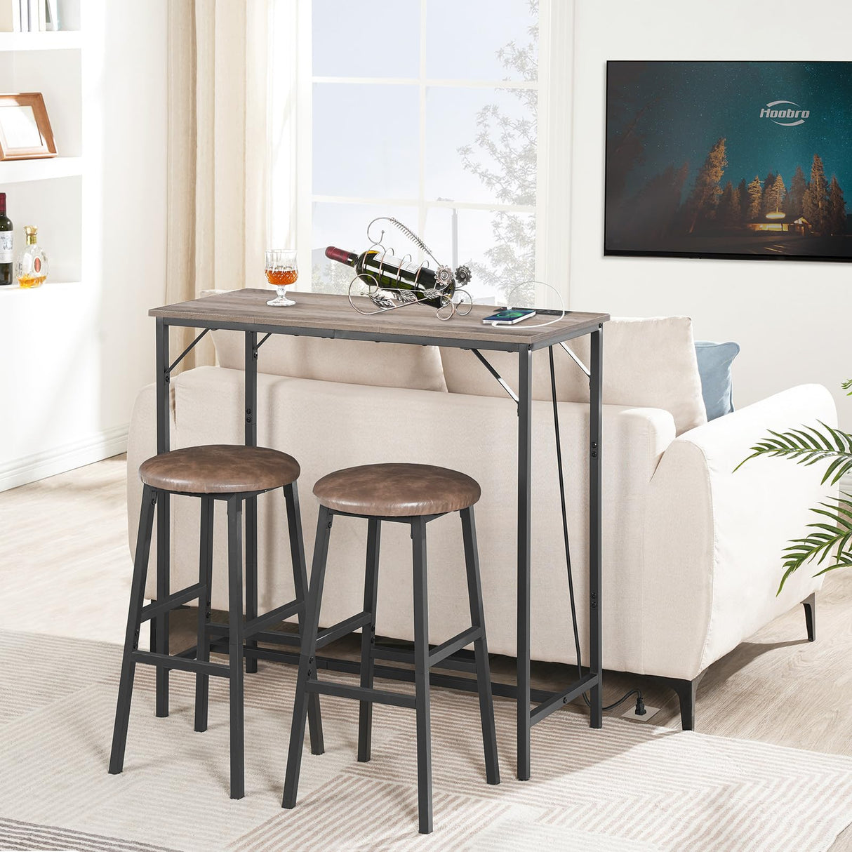 HOOBRO Bar Table with Charging Station, Rectangular Pub Table, High Top Coffee Table, Counter Bar Height Table, Narrow Long Dining Table, 35.4" L x 15.7" W x 35.6" H, Greige BG90UBT01 HOOBRO