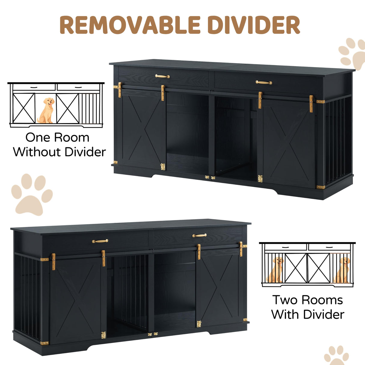 Extra Large Furniture Style Double Dog Crates, 72.5" Farmhouse Wooden Dog Kennel Furniture with Drawers, Divider, Water Resistant & Barn Door for 2 Dogs, Black EDYO LIVING