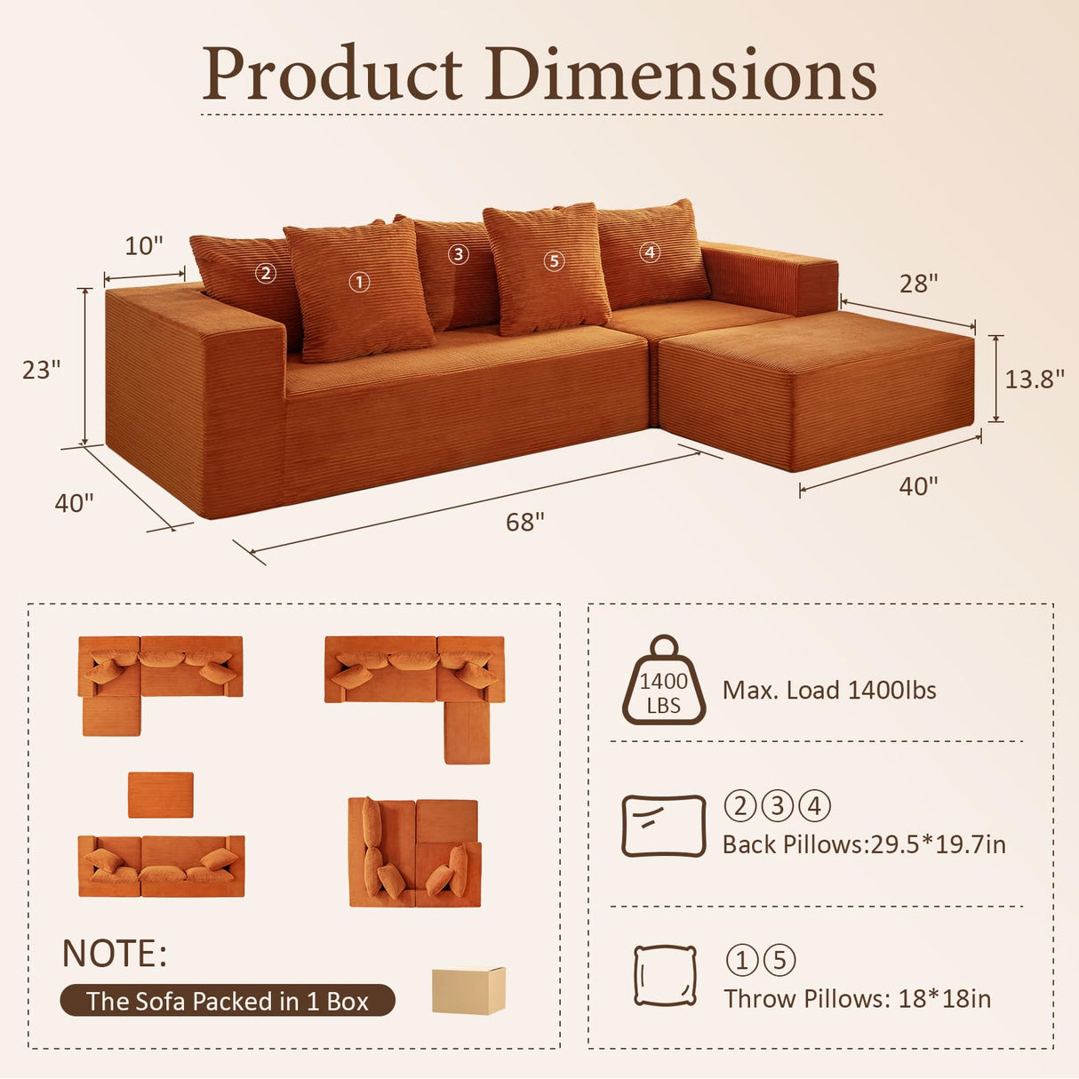 INGEROOM 108" Cloud Sectional Couch with L-Shape Chaise, Modular Sofa Memory Foam, Boneless Sofa with Movable Ottoman, Upholstered Couches for Living Room Bedroom, No Assembly Required, Orange INGEROOM