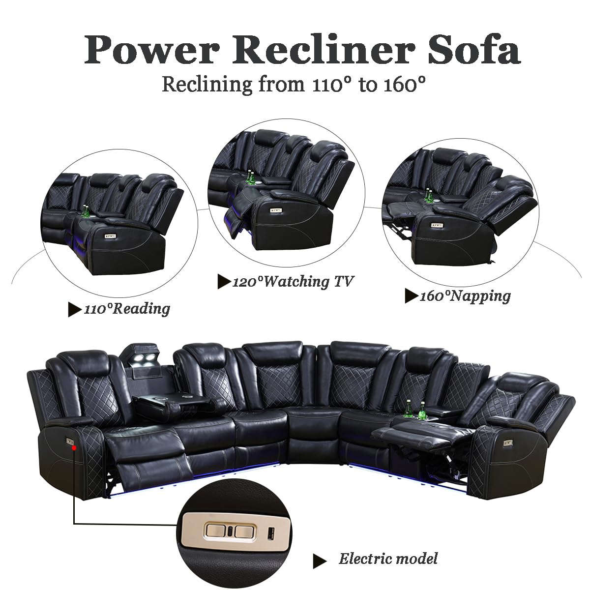 A Ainehome Black Leather Power Reclining Sectional Sofa with LED, Power Recliner Sectional Couch with Recliner Living Room Set with USB Port&Read Light for Living Room A Ainehome