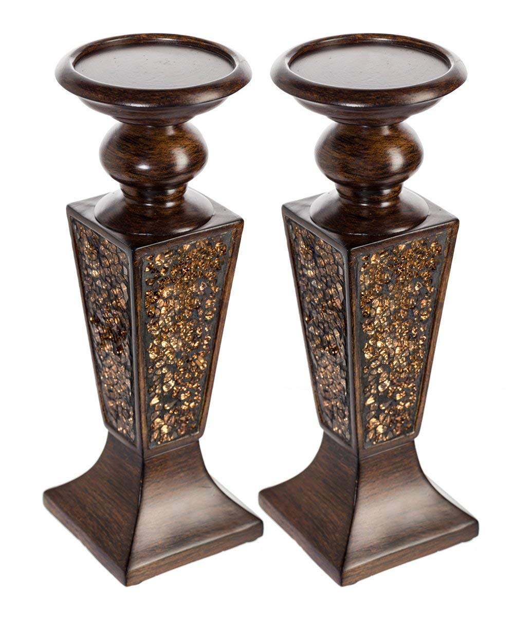 Creative Scents Schonwerk Pillar Candle Holder Set of 2- Crackled Mosaic Design- Functional Table Decorations- Centerpieces for Dining/Living Room- Best Wedding Gift (Brown) Creative Scents