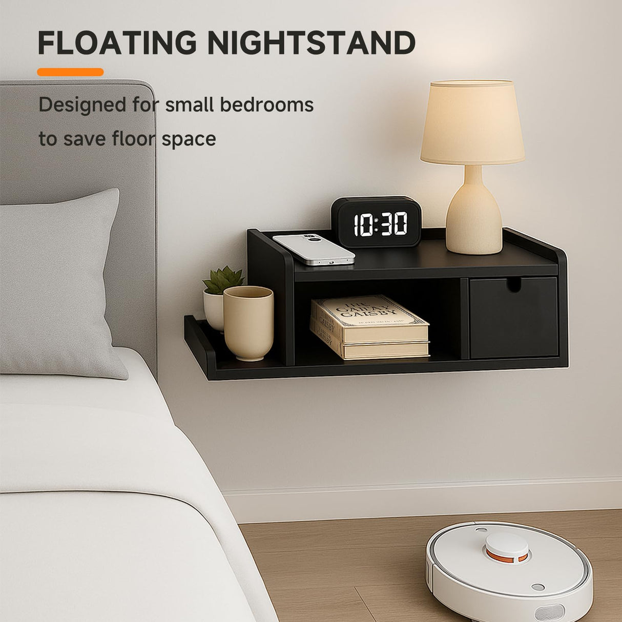 DongRong Floating Nightstand with Drawer & Shelf,Wall Mounted Bedside Table for Small Bedrooms,Modern Black End Table with Space Saving Design DongRong