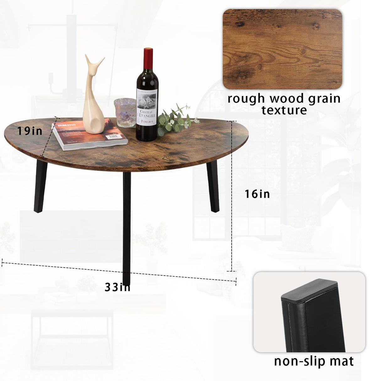 Large Oval Coffee Table Espresso Wood Mid Century Modern Unique Retro Farmhouse - Contemporary Triangle Small Table for Living Room, Bedroom Bedside Table and Office 19" D x 34" W x 16" H WDSHIYI