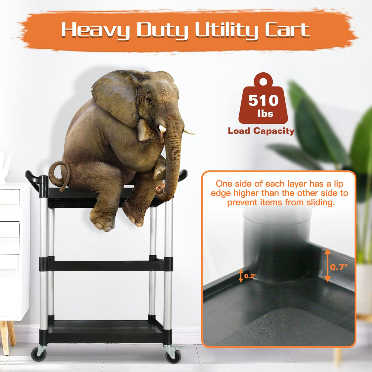 Utility Carts with Wheels,3-Tier Rolling Cart with Wheels, Heavy Duty 510 LBS Food Service Cart with Rubber Pad and Hammer for Kitchen/Office/Warehouse, 31.5" X 16.9" X 38.9"(Black) SFESGRER