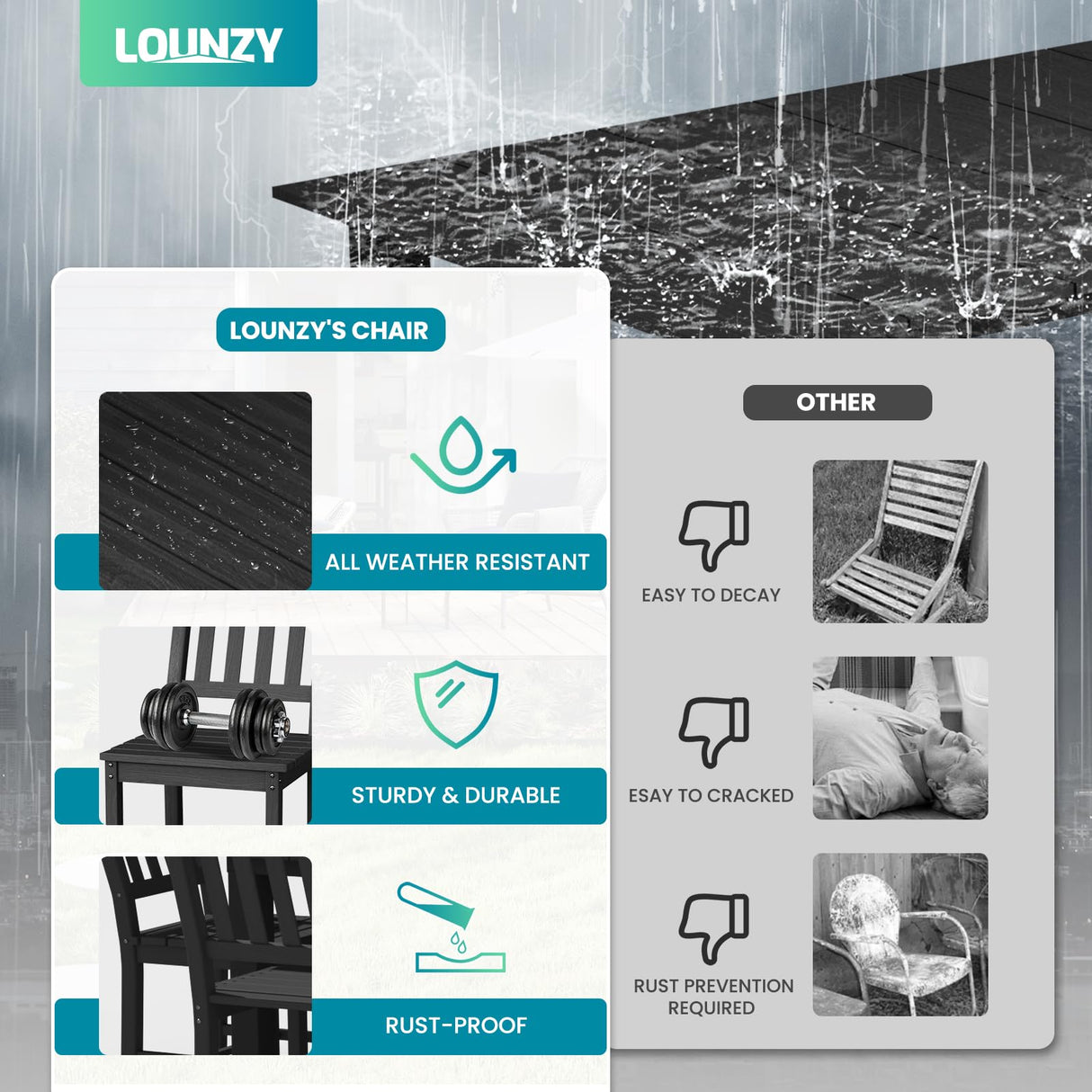 LOUNZY 9 Pieces Patio Dining Sets, Outdoor HDPE Furniture Set for 8 w/ 2" Hole Cut-Out Dining Table with 8 Patio Chairs(2 W/Armrest, 6 w/o Armrest), Black LOUNZY