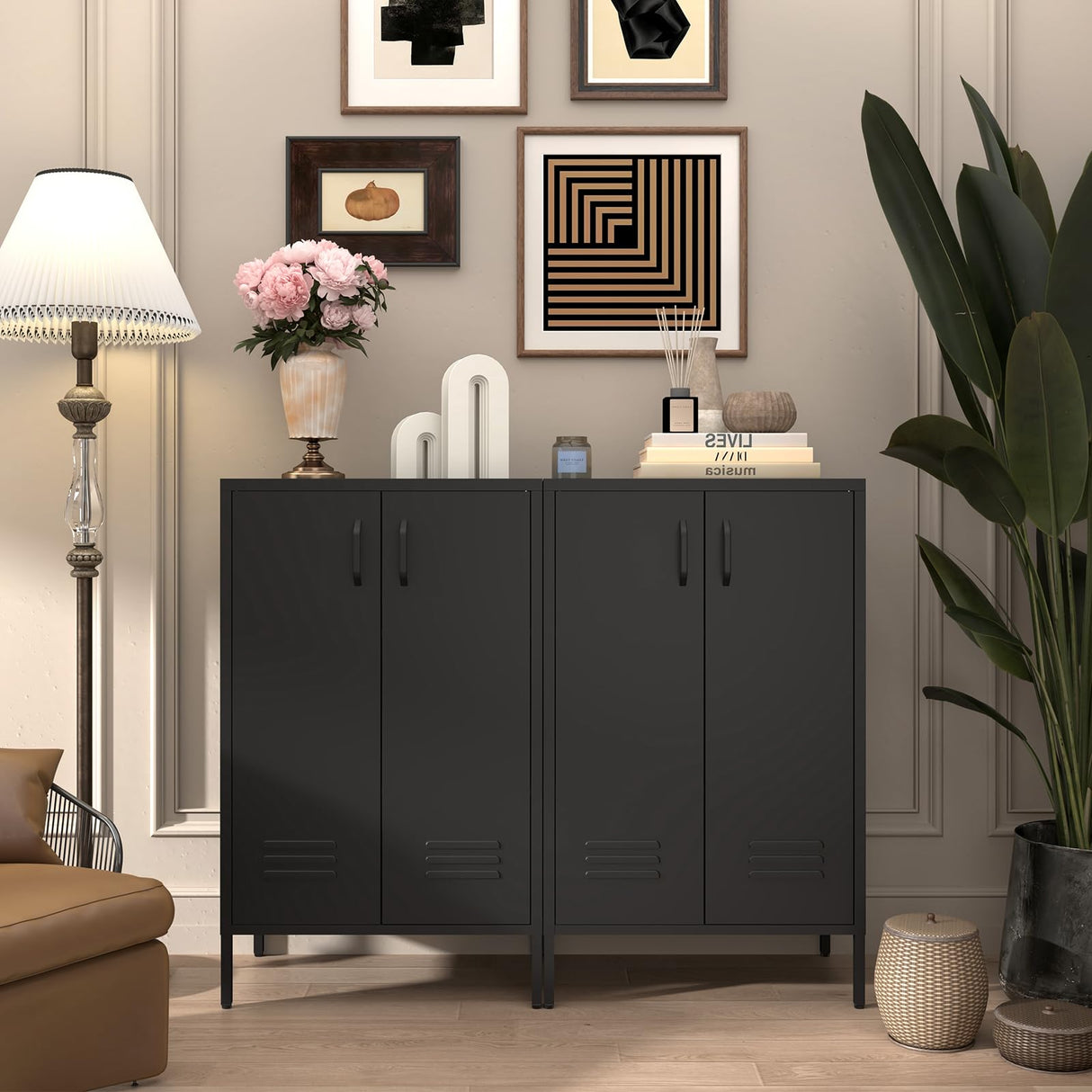 IRONFFICE Metal Locker Storage Cabinet,Black Accent Storage Cabinet, Metal Pantry Cabinet with Doors,Locker Cabinet for Living Room,Kitchen,Office IRONFFICE