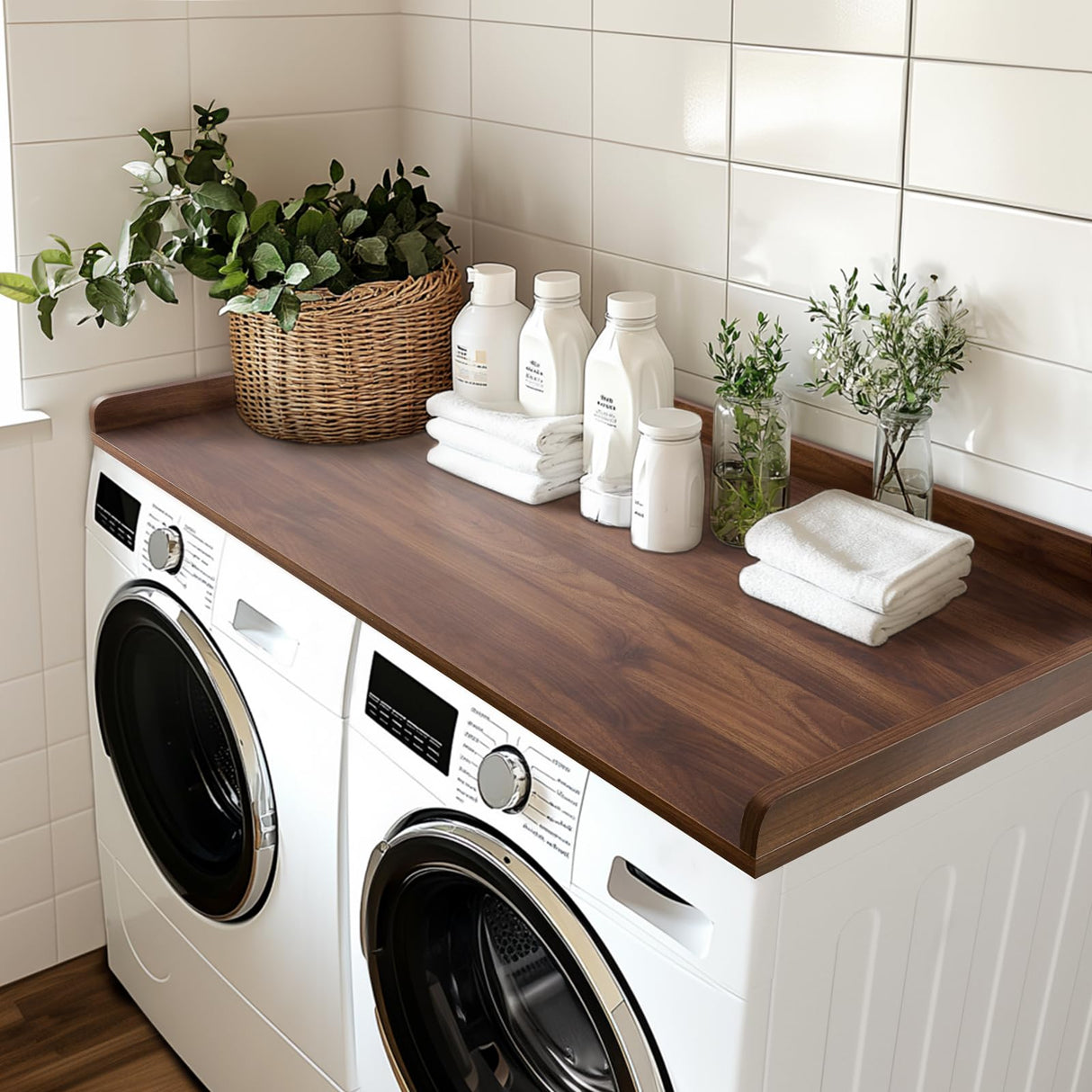 Kaboon Washer Dryer Countertop, Melamine Countertop with Edge Rails - 27.5" Depth x 54" Width Laundry Room Organization, Dark Walnut Kaboon