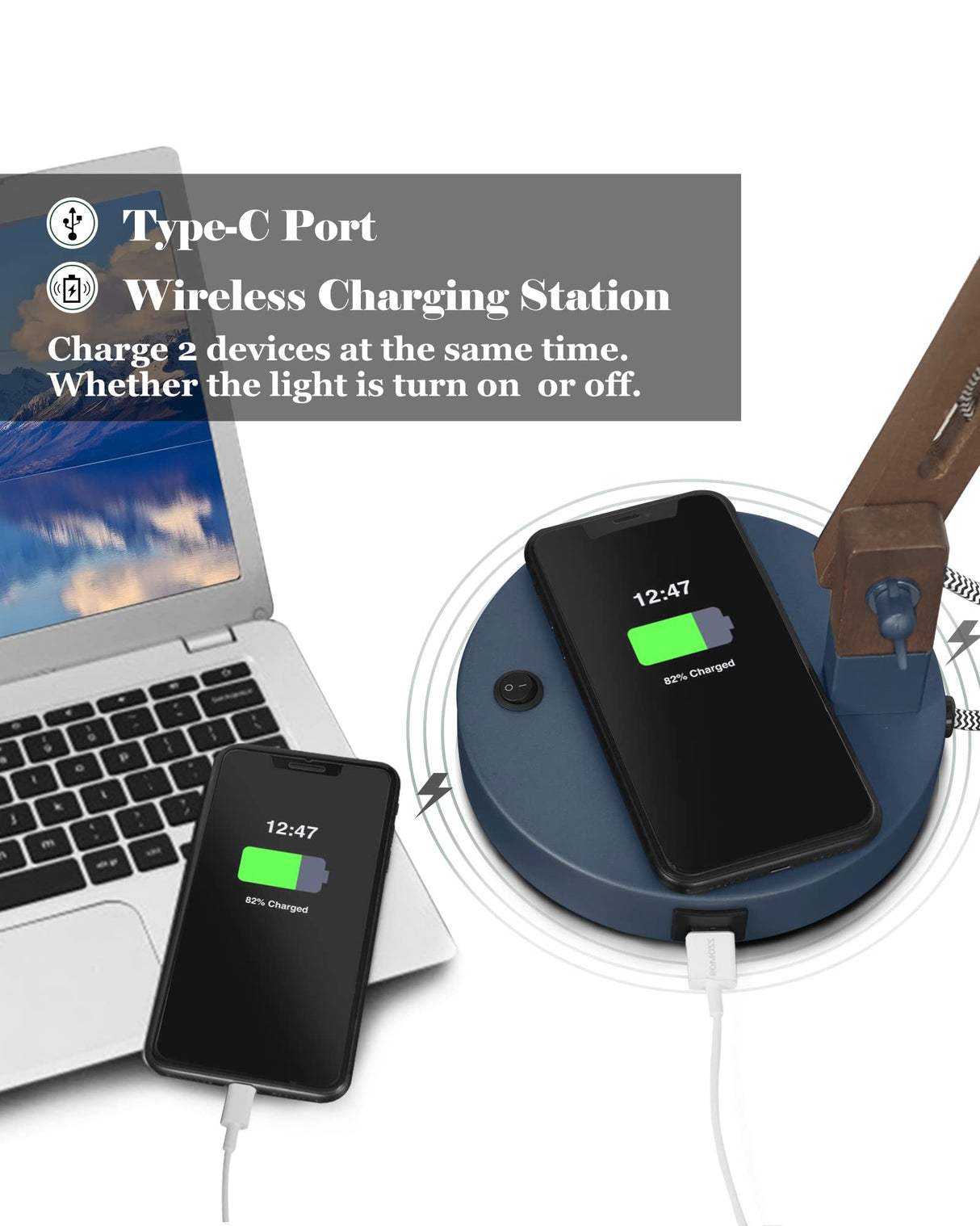 ELYONA Sapele Wood Desk Lamp with Upgraded Wireless Charger, Swing Arm Table Lamp with USB C Charging Port, Reading Task Light for Bedroom, Dorm, Office, Living Room, LED Bulb Include, Modern Blue ELYONA