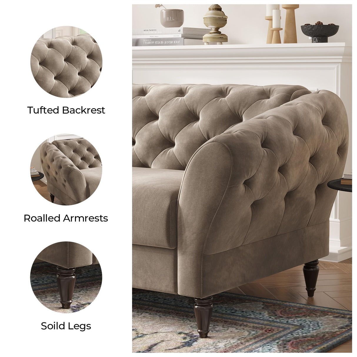 COPIAE 82 Inch Chesterfield loveseat Sofa,Tuxedo Arms Modern Couch Sturdy and Easy Installation, Small Sofa for Living Room Bedroom Office and Apartment,Velvet Fabric Brown COPIAE