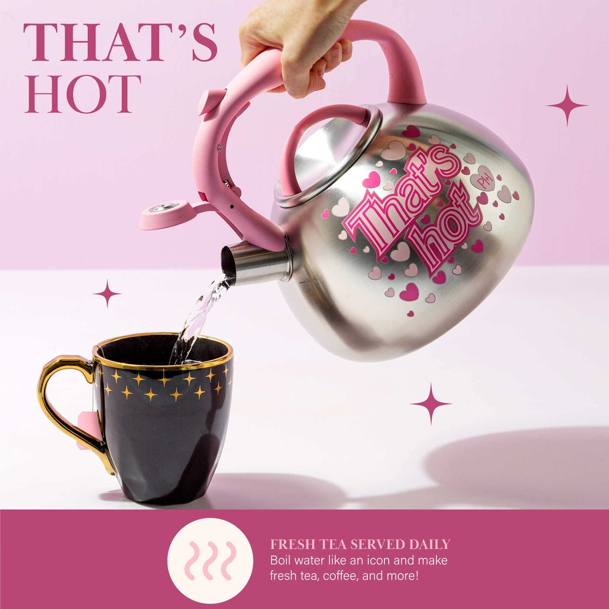 Paris Hilton Whistling Stovetop Tea Kettle, Stainless Steel with Color Changing "That's Hot" Heat Indicator Design, Soft Touch Handle, 2.5-Quart, Pink Paris Hilton