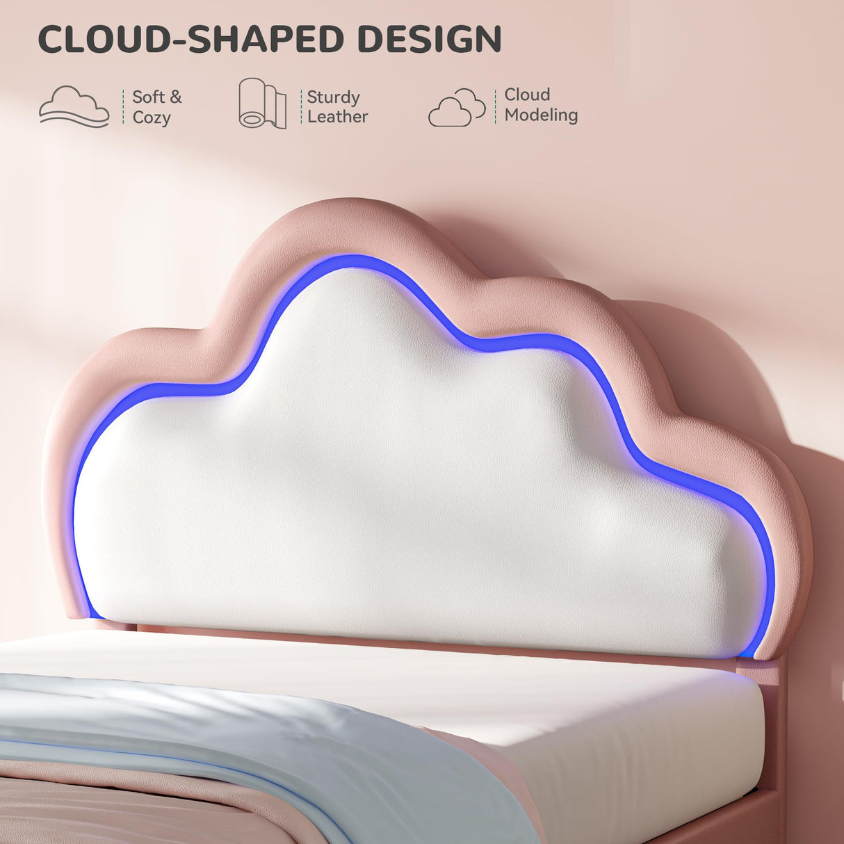 YITAHOME Full Size Bed Frame, LED Bed with PU Faux Leather Adjustable Cloud Headboard, Platform Upholstered Bed Frame with Wooden Slats Support, No Box Spring Needed, Easy Assembly, Pink YITAHOME