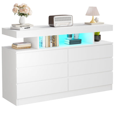 BEWISHOME White Dresser for Bedroom with Charging Station and LED Lights, 6 Drawer Dresser Chests of Drawers, Wood Dresser for Closet, Modern Wide Dresser with Open Space, TV Stand, White KCG02W