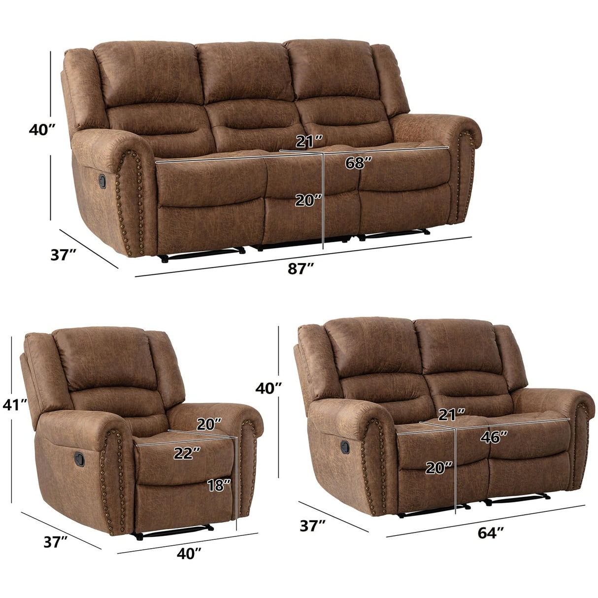 CANMOV Faux Leather Manual Recliner Sofa Set, Manual Recliner Chair, Reclining Loveseat and 3-Seat Sofa for Living Room,Bedroom Furniture, Office,Nut Brown CANMOV