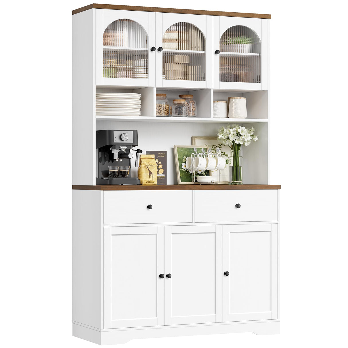 FINETONES 71" Pantry Cabinet, Tall Kitchen Pantry Storage Cabinet with Microwave Stand, Modern Ktichen Hutch Food Pantry with Open Countertop and Adjustable Shelf for Kitchen, Dining Room FINETONES
