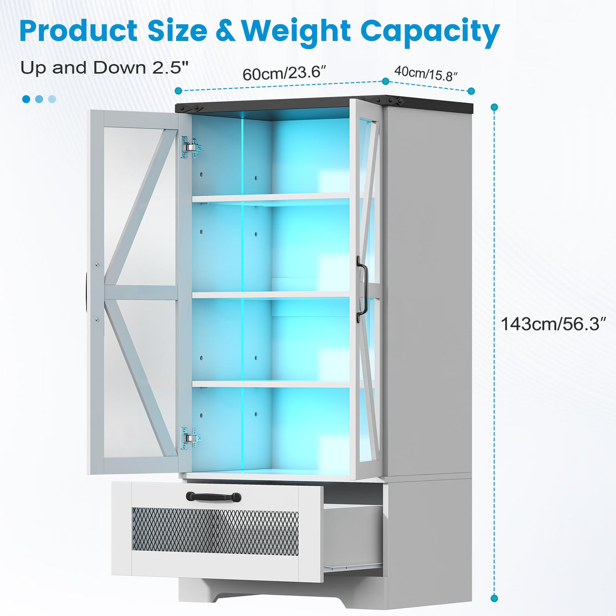 Semoic 47" Display Storage Cabinet with Adjustable Shelves,Pantry Storage Cabinet with LED Light, 4-Tier Curio Showcase with Drawer for Toys, Books, Collection, White Semoic