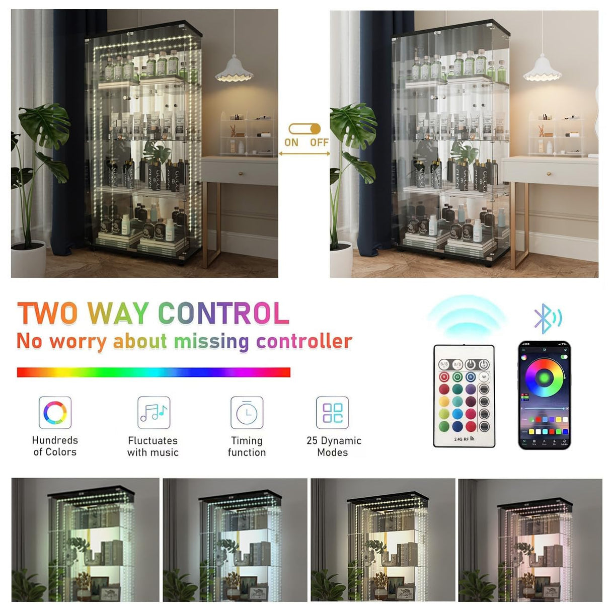 Yoluckea 4-Tier Glass Display Cabinet with Bluetooth LED Light Strip, 2-Door Floor Standing Curio Cabinet with Adjustable Feet and Mirror Back Panel, Black Glass Bookshelf for Collections, Wood Top Yoluckea