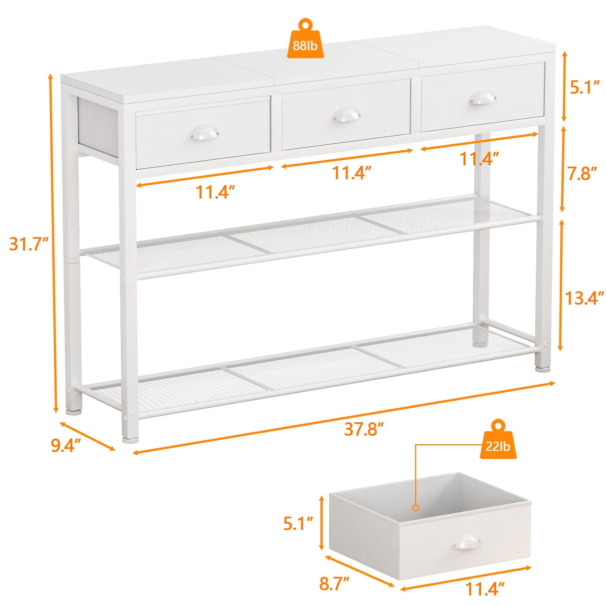 Furologee White Entryway Table, 38'' Console Sofa Table with 3 Fabric Drawers, Industrial Entry Way Table with Storage Shelves, Display Shelf for Living Room, Hallway, Entrance, Foyer Furologee