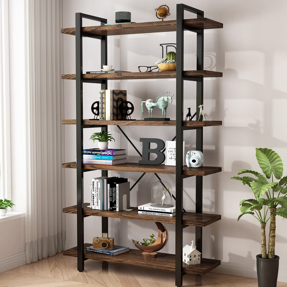 AY-AOYUAN Solid Wood Bookcase and Book Shelves Wood and Metal Shelving Unit 5 Tier Bookshelf Modern Rustic Open Bookshelf Office,Distressed Brown (AY-02-6Tier) AY-AOYUAN