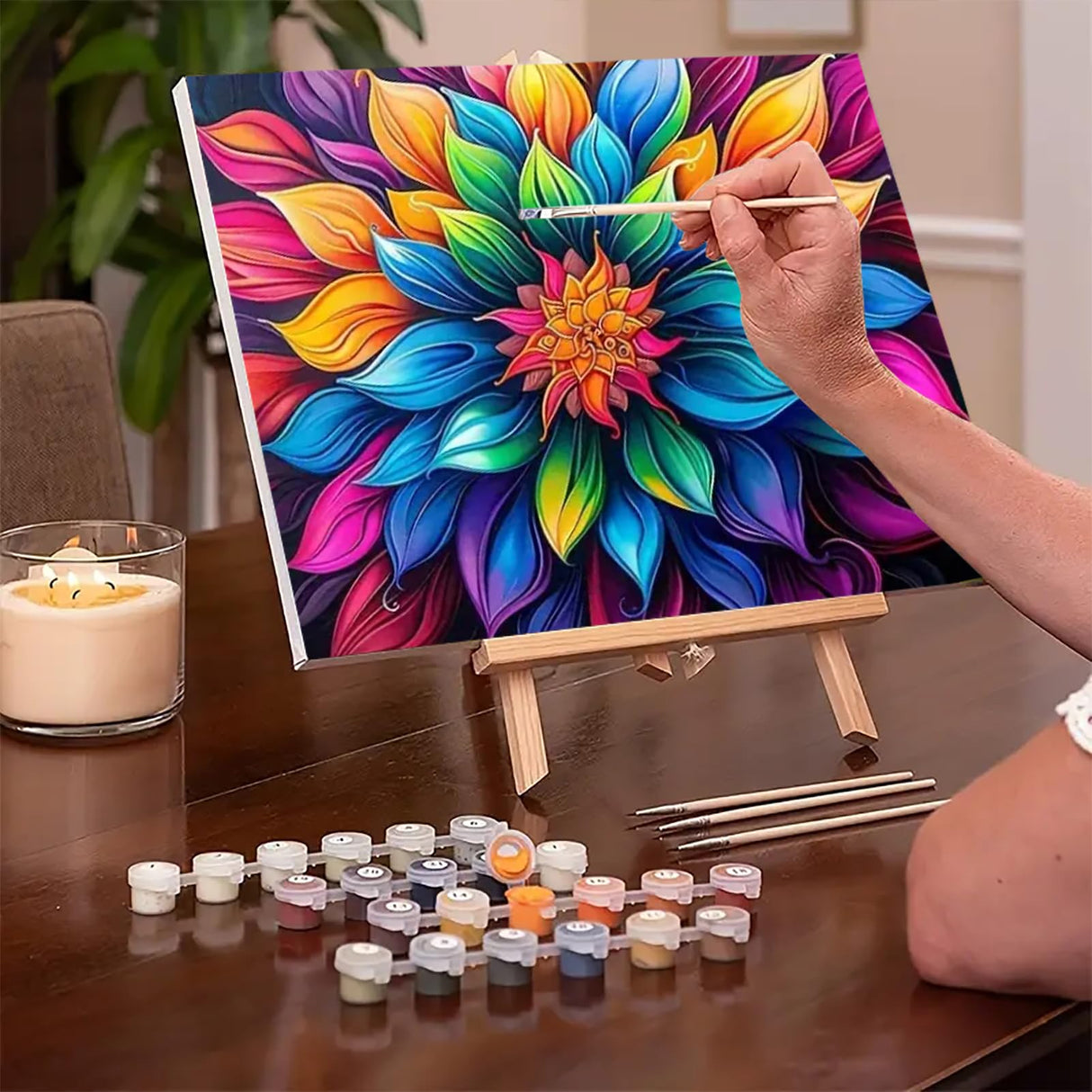 MaiMMaledy Paint by Numbers Kit for Adults Beginners Canvas Pictures with Framed Drawing Painting Acrylic Pigment with Wooden Triangle Easel Colorful Flowers 8Wx12L inch MaiMMaledy