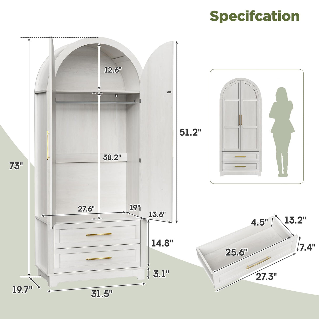 Maupvit Wardrobe Closet, Modern Armoire Wardrobe Closet with 2 Drawers and Arched Doors, 73" Tall Wooden Bedroom Armoires with Shelves and Hanging Rod, White Maupvit