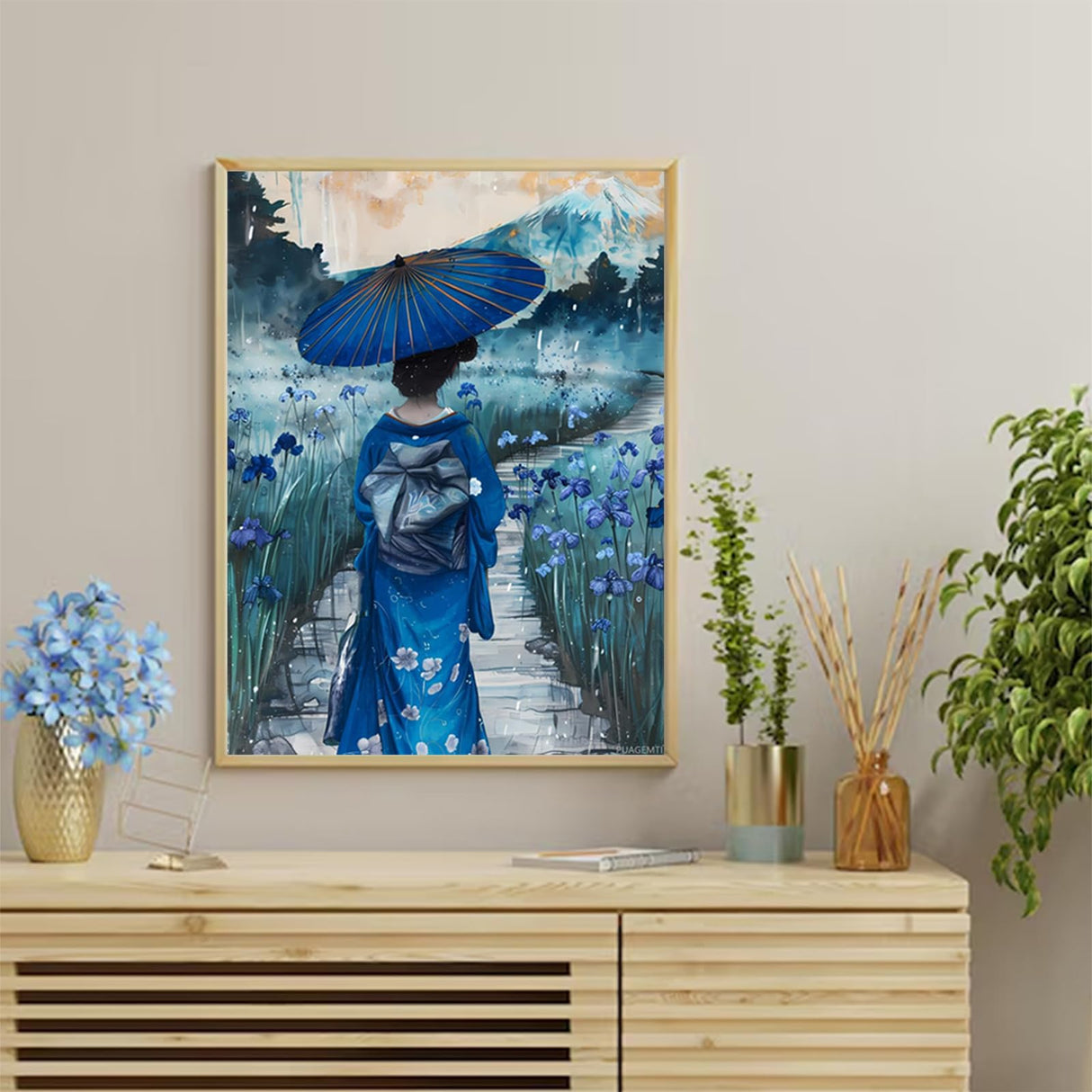 Diamond Art Painting Kits Geisha Walking with Umbrellas in The Iris Fields Full Drill Diamond Dots Paintings for Adults, Round 5D Paint with Diamonds Pictures DIY Crafts for Home Decor 12x16 inch PUAGEMTI