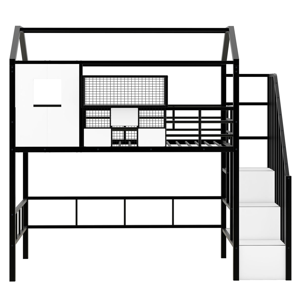 Bellemave Twin Loft Bed with Storage Stairs, Roof, Window and Guardrail, House Loft Bed Twin Size/Metal Loft Bed with Storage Box, Twin Loft Bed for Kids, Girls Boys, Twin Size House Loft Bed Black Bellemave