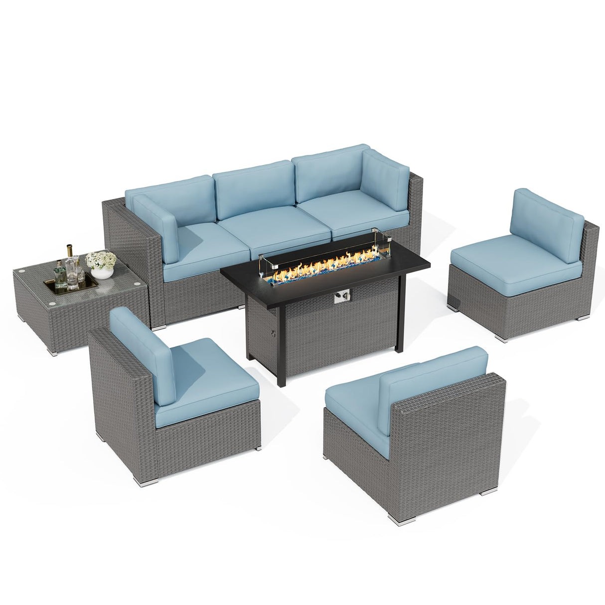 SUNCROWN Outdoor Patio Furniture Set 8 Piece Outdoor Sectional Sofa Grey Wicker Conversation Sofa Set with Coffee Table, Cushions and Fire Pit Table, Light Blue SUNCROWN