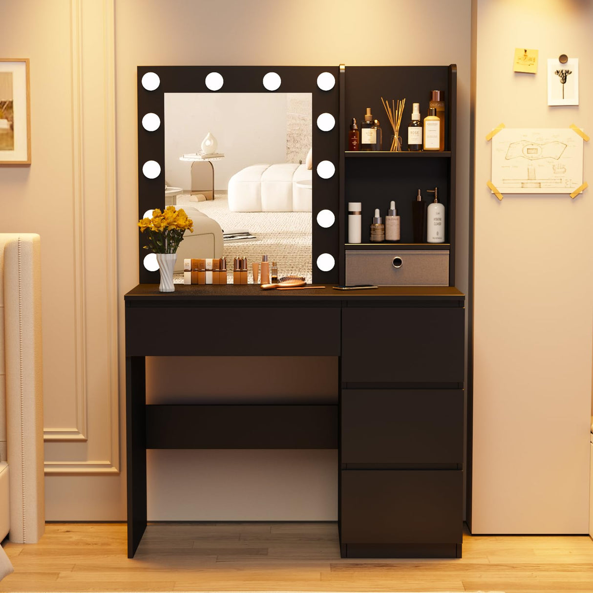 Vabches Makeup Vanity with Lights, 37inch Vanity Desk, 4 Large Drawers Dresser with Lighted Mirror, 3 Lighting Modes Brightness Adjustable, Black Vabches