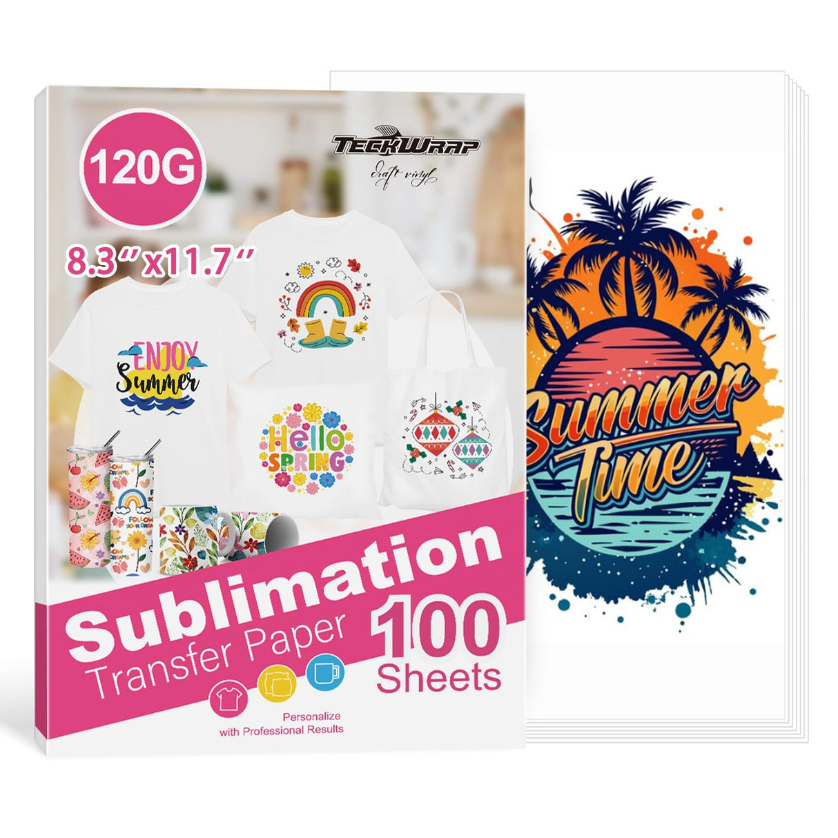TECKWRAP Sublimation Paper 8.3 x 11.7 Inch 100 Sheets 120gsm Work with Sublimation Printer and Sublimation Ink, Heat Transfer Paper for Coated Mugs, Tumblers, Polyester T-Shirts, Light Fabric TECKWRAP