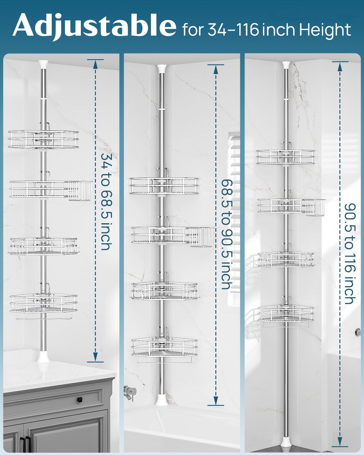 SEIRIONE Corner Shower Caddy Tension Pole, Quick Setup, Rust-Free Bathroom Shower Organizer Corner for Bathtub Shampoo Storage, 4-Tier Adjustable Shelf, Drill Free, Fits 34 to 116 Inch Height, Silver SEIRIONE