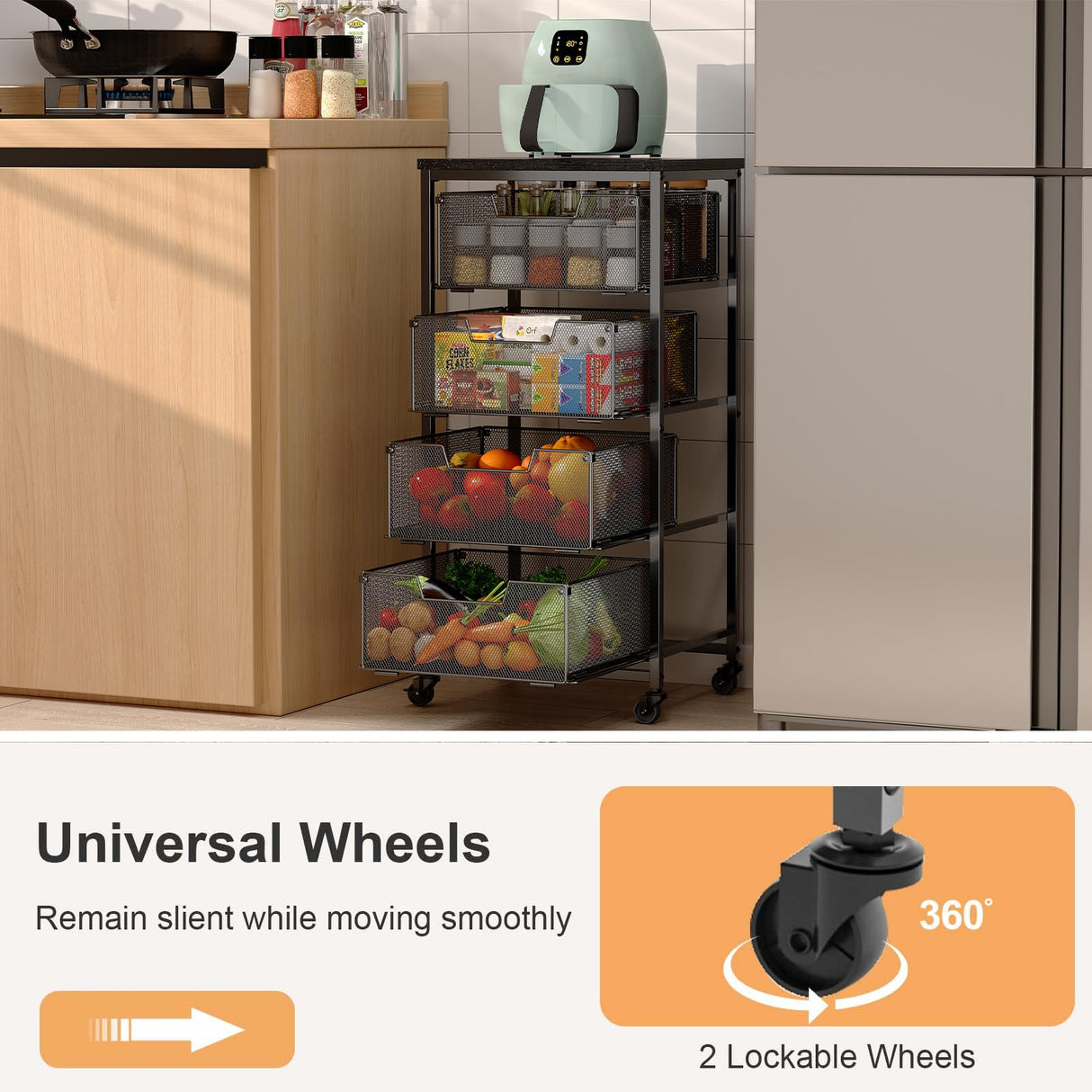 4-Tier Fruit Vegetable Storage Cart - Kitchen Organizer and Storage Cart with Wheels, Wooden Top Metal Wire Fruit Vegetable Rack Stand with Drawers to Storage Onions Potatoes Cans Snacks for Kitchen Yociyoga