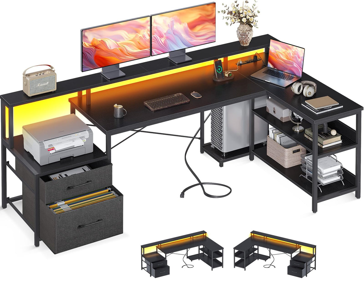 ODK 75" Reversible L Shaped Desk with LED Lighting, Power Outlet, and Ample Storage Solutions in Black ODK