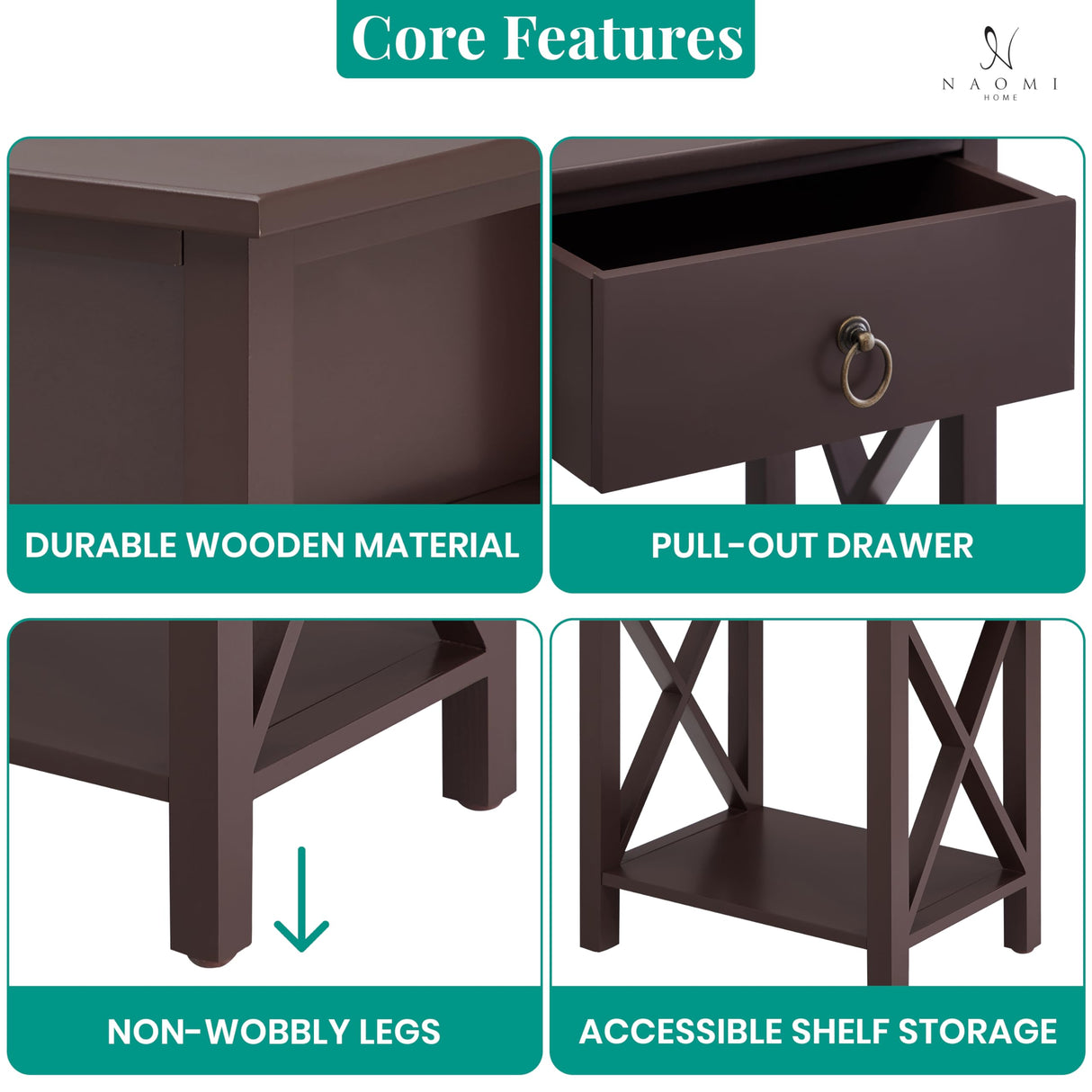 Naomi Home Eily Small Night Stand, Bedside Table with Drawers and Shelf, Sleek Bedroom Nightstand with X-Design for Small Spaces, Offices, Living Rooms - Espresso Naomi Home