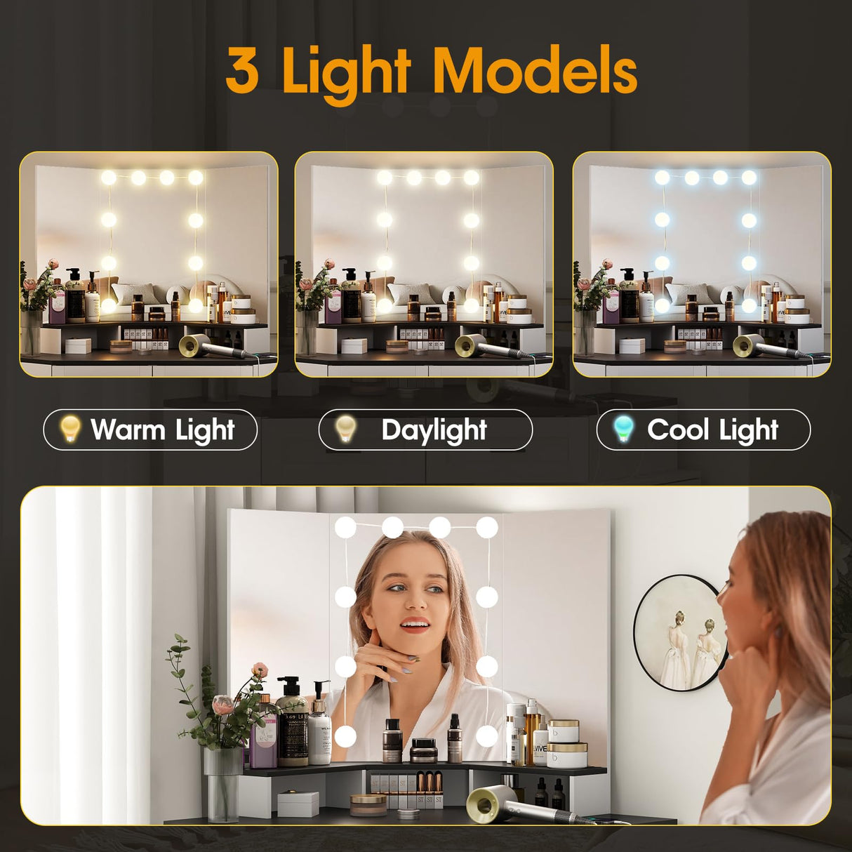 Fameill Corner Vanity Desk with Tri-Fold Mirror and Adjustable Light, Makeup Dressing Table with Power Outlet, 3 Drawers, Sliding Cabinet, Open Shelves, White Vanity Desk for Bedroom, Women, and Girls Fameill