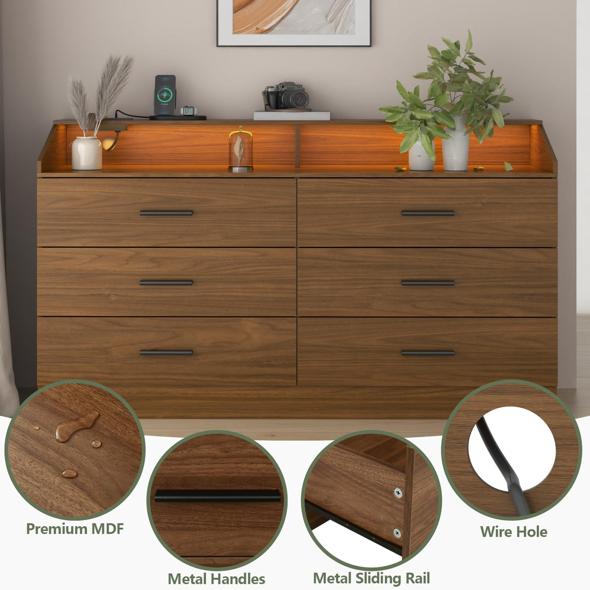 Gyfimoie 6 Drawer Dresser with Power Outlet, Chest of Drawers with LED Light, Modern Dresser with Open Storage Cubby, Double Wide Dressers Organizer for Bedroom, Living Room, Entryway,Hallway Gyfimoie