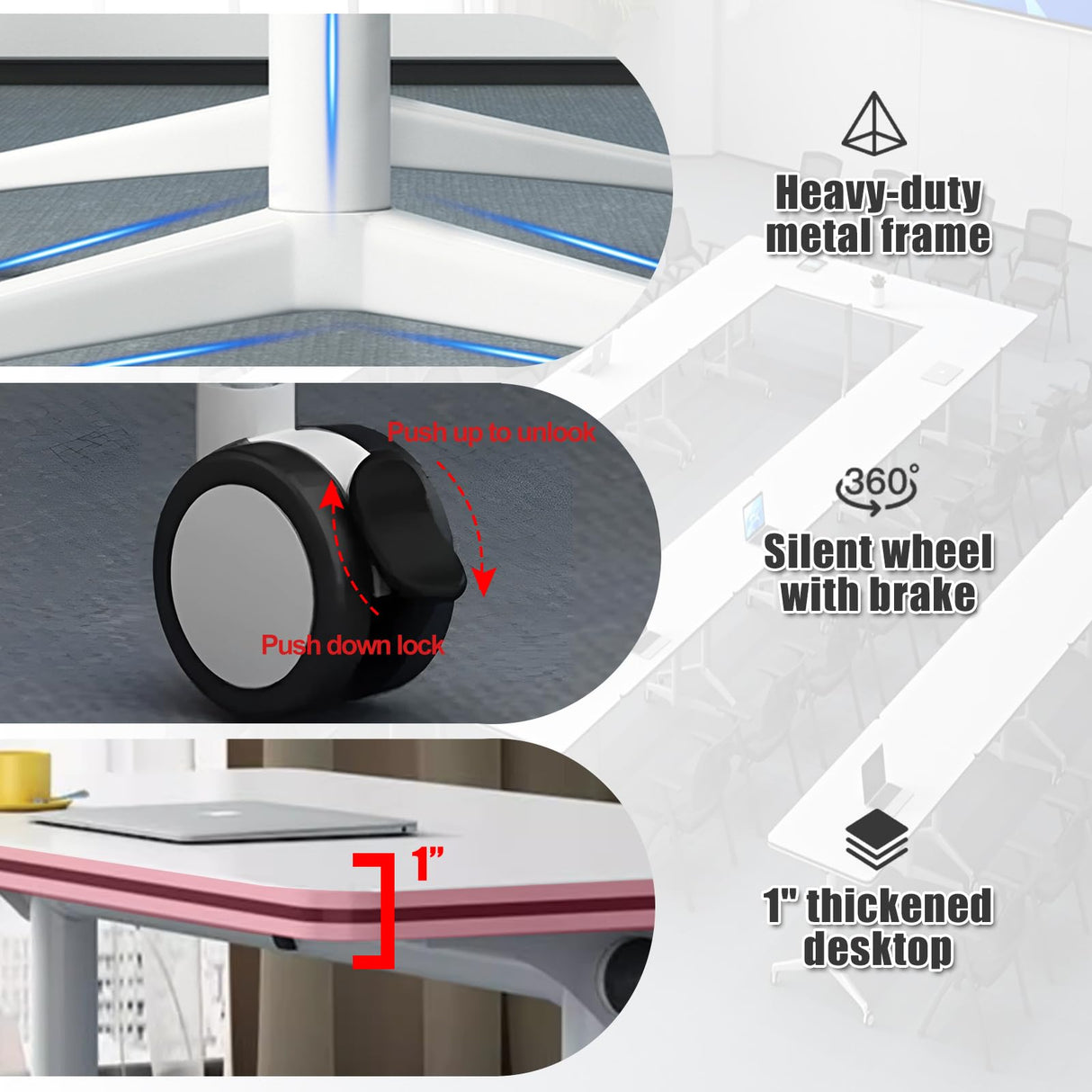 4PCS White Folding Conference Room Table, Modern Meeting Table with Wheels, 55" D x 23.6" W x 29.5" H Wood Seminar Table for Office Training Classroom Ptosziav