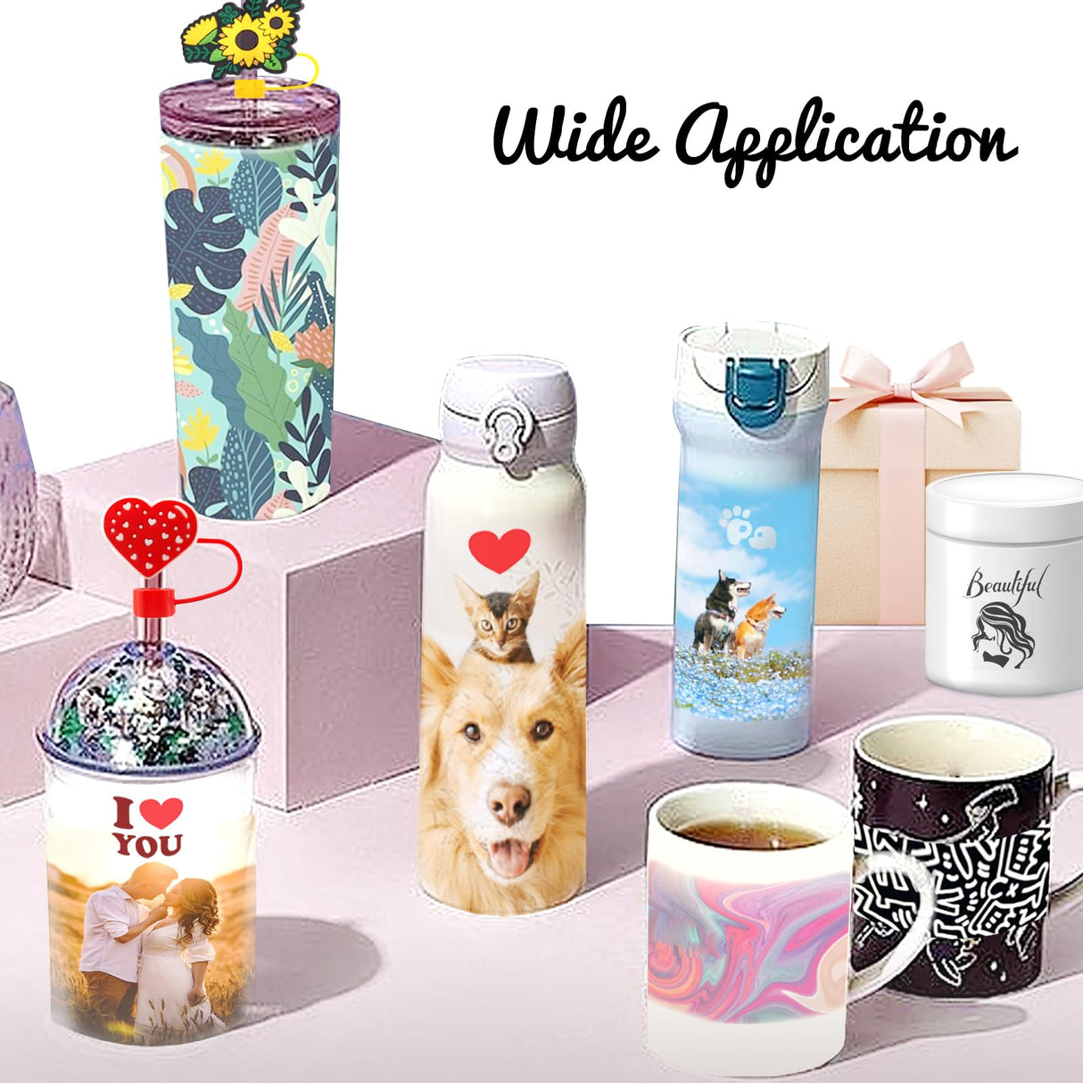 Daily Treasures 50pcs Sublimation Shrink Wrap Sleeve Set (with 10pcs Cute Straw Cover Caps),5×10"Heat Shrink Wrap,White Bag Heat Shrink Film,Sublimation Wraps For 20oz Tumblers Mugs Cups Jars Cosmetic Daily Treasures