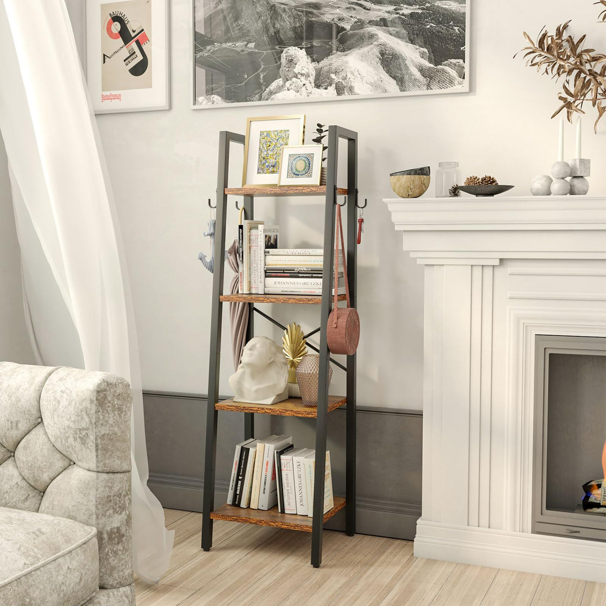 YMYNY 4 Tiers Ladder Bookcase, Industrial Narrow Bookshelf, Open Display Rack with 4 S Hooks, Metal Storage Shelves for Bedroom, Home Office, Living Room, Rustic Brown, 49.2H*13.4L*11.8W, UHBC024H YMYNY