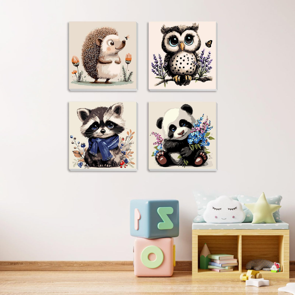MXJSUA 4 Pack Cute Panda Owl Animals Paint by Numbers Kit with Framed Canvas for Ages 6-12 Kids, Paint by Numbers Kits for Children Beginners, Acrylic Oil Painting for Home Wall Decor Gift (8x8 inch) MXJSUA