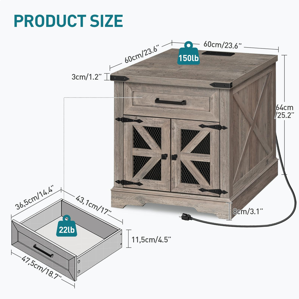 RALGEND Farmhouse End Table with Charging Station, 24" Large Sofa Side Table with Drawer, Large End Table for Living Room, Wooden Nightstand with Outlet, Square, Greige RALGEND