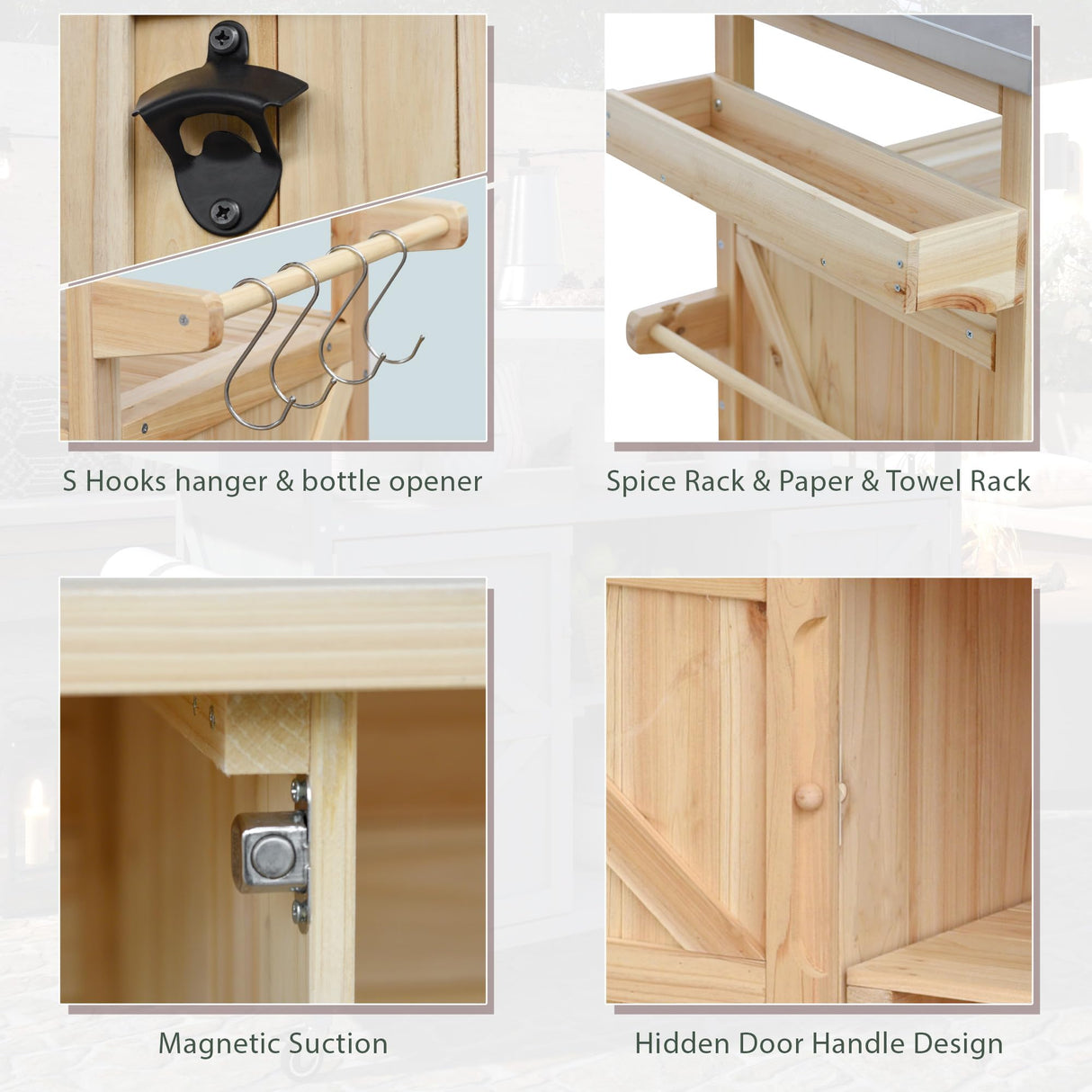 Merax 50" Outdoor Kitchen Grill Cart Island on Wheels with Stainless Steel Top,Farmhouse Solid Wood Frame Storage Cabinet for Patio,Natural Merax