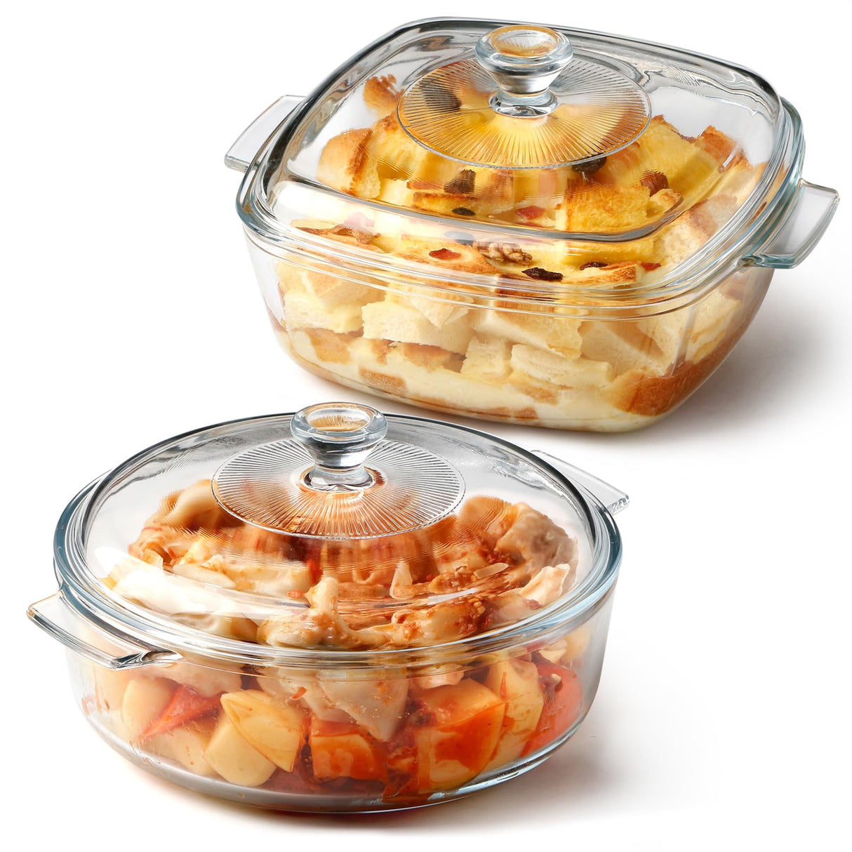 NUTRIUPS Small Glass Casserole Dish with Lid Oven Safe Casserole Dish Set 2 Pack(7.8in Square+8in Round), Microwave Safe Bowls With Lid Casserole Cookware NUTRIUPS