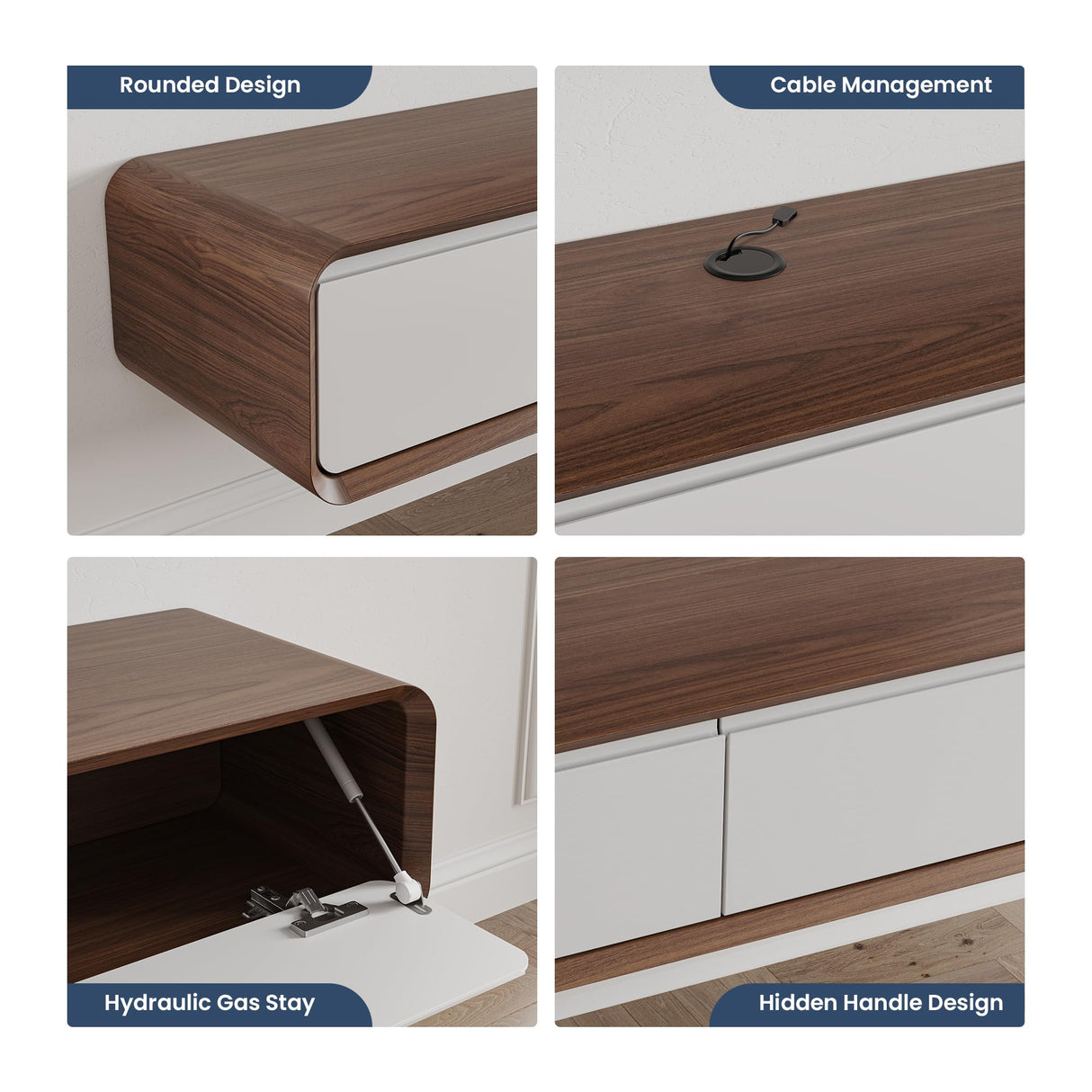 POVISON Mid Century Modern TV Stand and Coffee Table Set of 2, Minimalist Floating TV Stand 95" Modern Wall-Mounted Entertainment Center, 51" Square Wood Coffee Table, Walnut & White POVISON